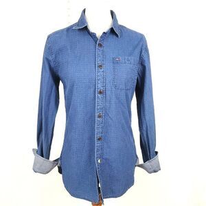 Tommy Hilfiger Textured Denim Jean Shirt Dark Wash Long Sleeve Button Up Mens S